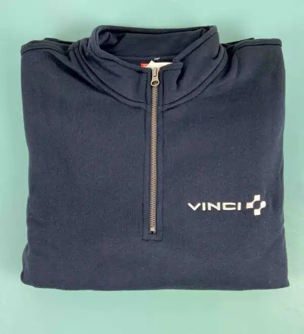Sweat personnalisé demi-zip bleu marine brodé au logo Vinci, tenue d'équipe pour l'industrie