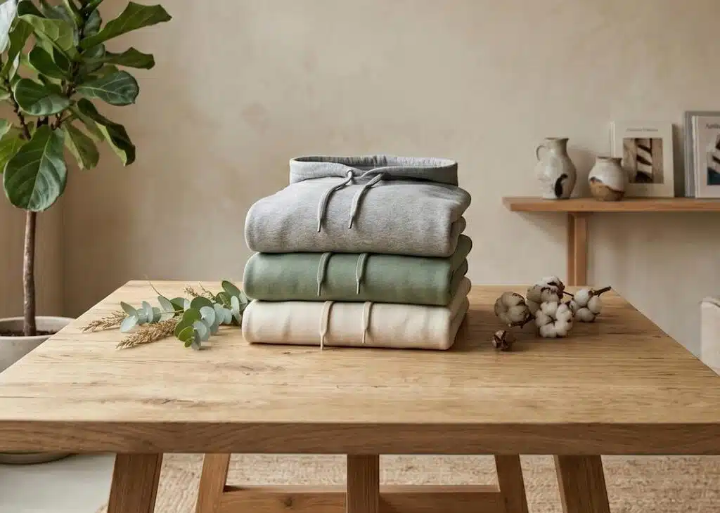 Sweats personnalisés éco-responsables en coton bio empilés sur un plan de travail en bois clair