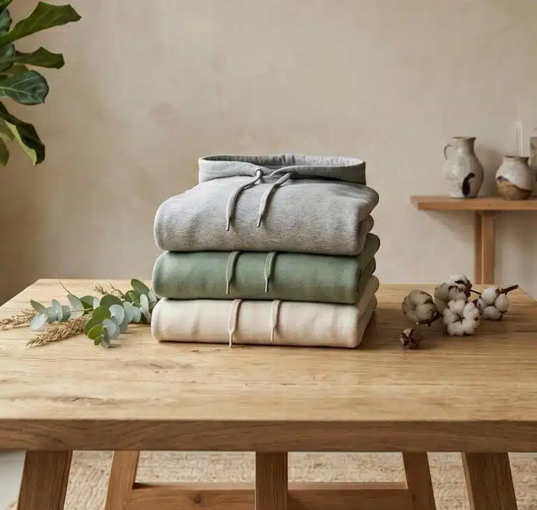 Sweats personnalisés éco-responsables en coton bio empilés sur un plan de travail en bois clair